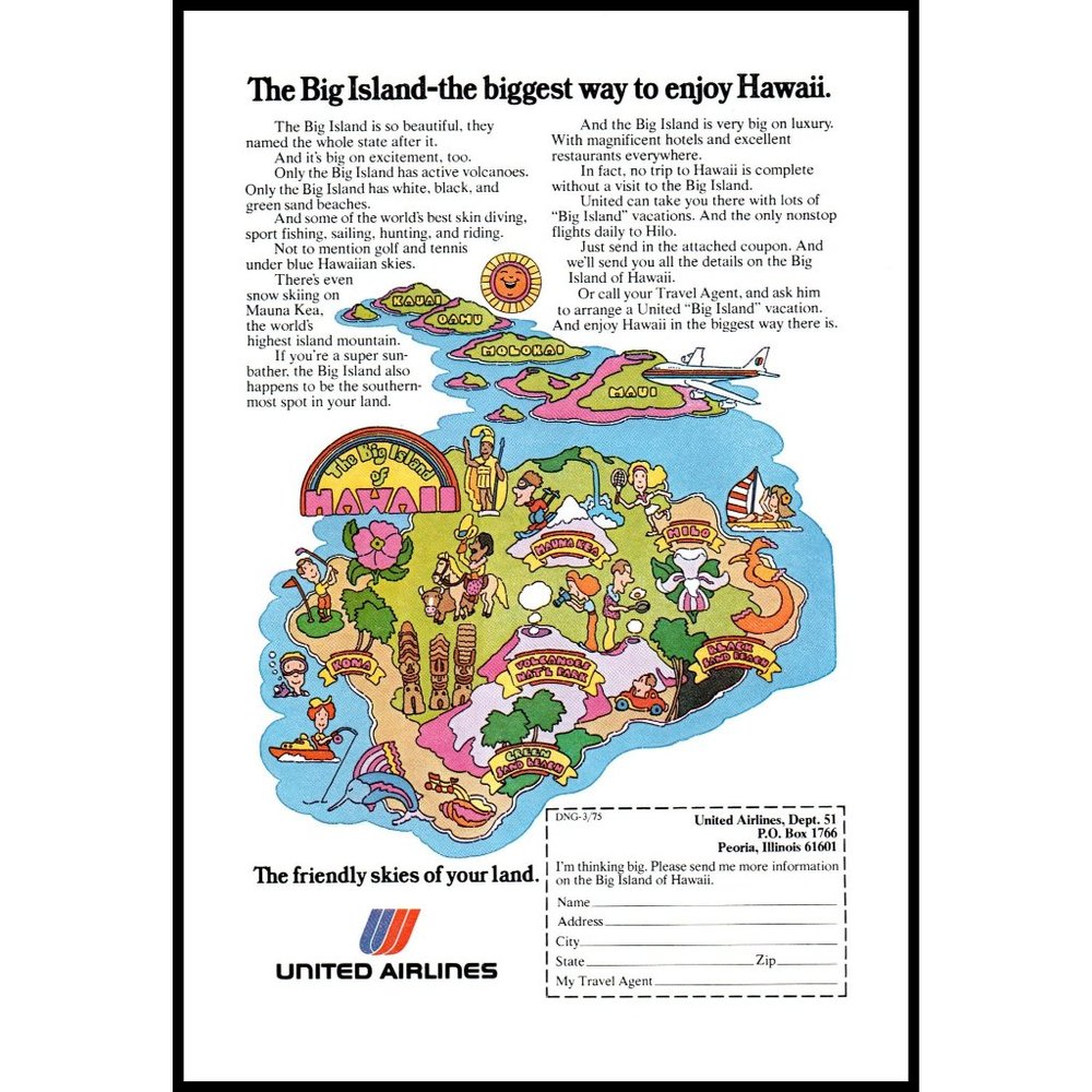 1975 United Airlines The Big Island Hawaii Vacation Travel Vintage Print Ad Art